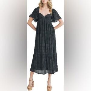 Lush Black Textured Midi Dress Flutter Short Sleeve Sun Summer Gauzy Striped